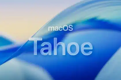macOS Tahoe logo displayed on a blue abstract background.