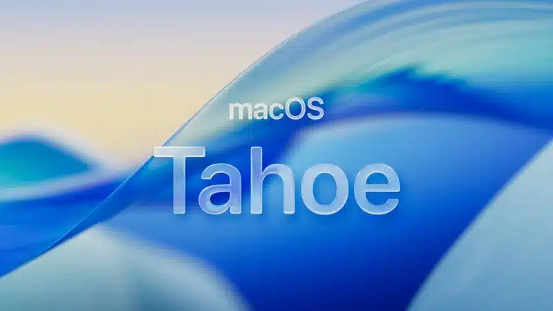 macOS Tahoe logo displayed on a blue abstract background.