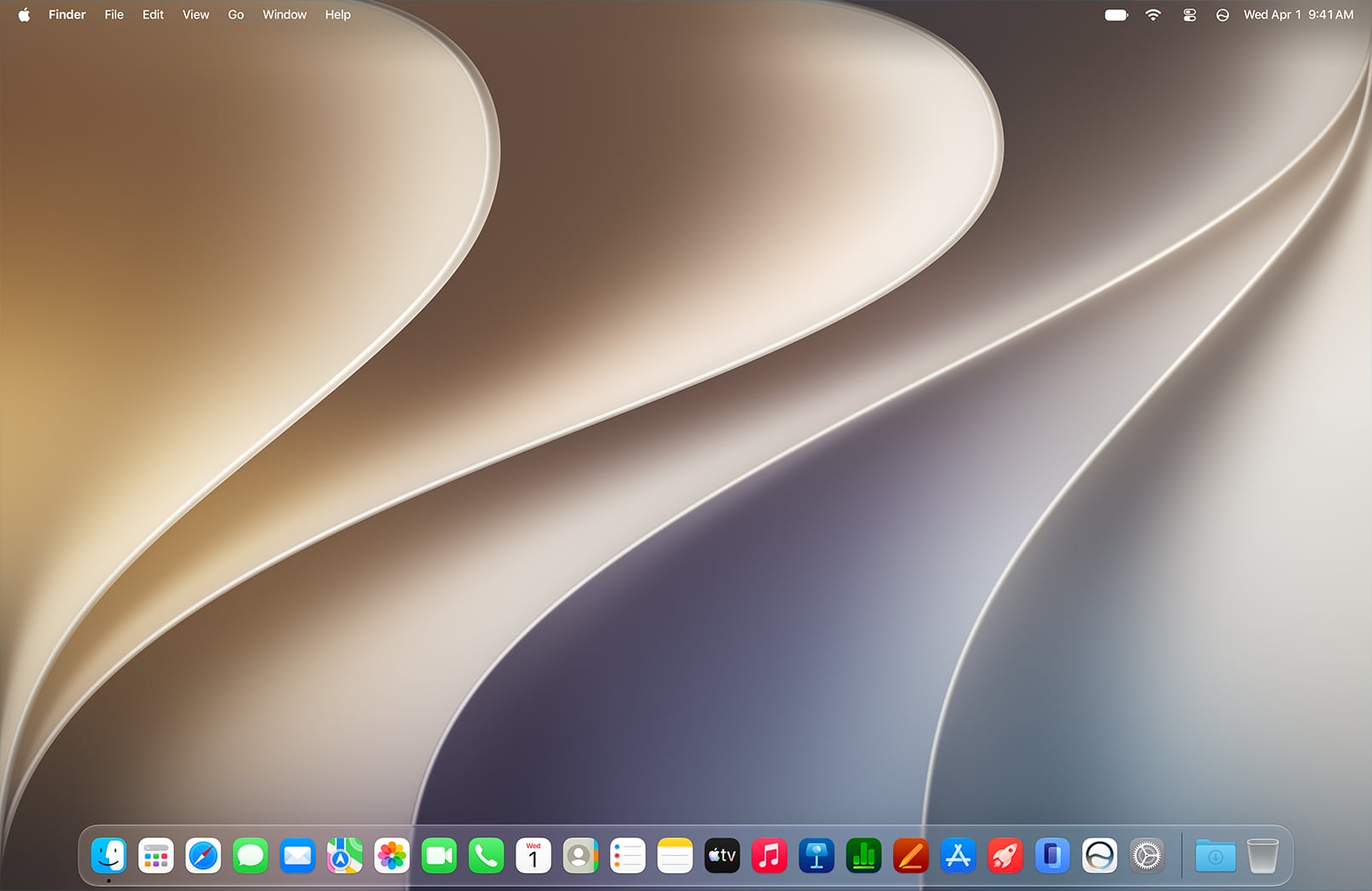 macOS Golden Gate desktop with a modern abstract wallpaper and app dock.