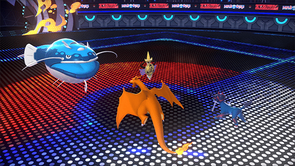 Pokémon battle featuring Charizard and other Pokémon in a competitive arena.