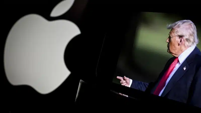 Apple logo beside a screen displaying U.S. President Donald Trump.
