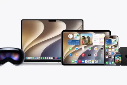Apple devices lineup featuring Vision Pro, MacBook, iPad, iPhone, Apple Watch, and Mac mini.