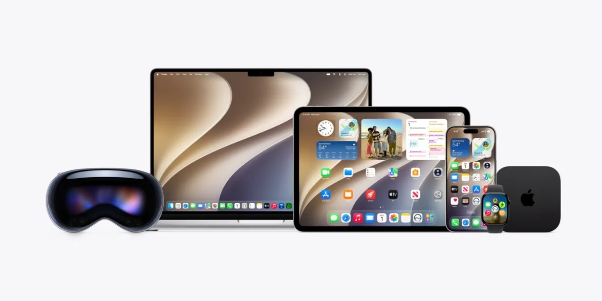 Apple devices lineup featuring Vision Pro, MacBook, iPad, iPhone, Apple Watch, and Mac mini.