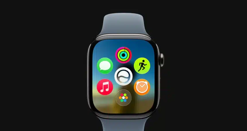 Apple Watch displaying watchOS 27 with colorful app icons on the home screen.