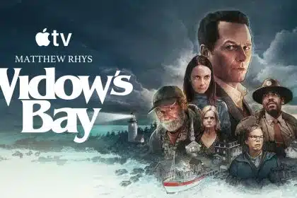 Promotional poster for Widow's Bay featuring the main cast and a coastal town backdrop.