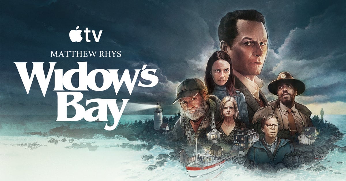 Promotional poster for Widow's Bay featuring the main cast and a coastal town backdrop.
