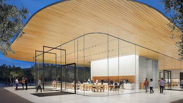 Apple Park Visitor Center with a glass-walled Apple Store.