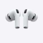 Pair of white Apple AirPods Pro wireless earbuds on a white background.