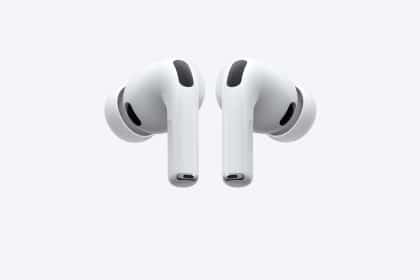 Pair of white Apple AirPods Pro wireless earbuds on a white background.