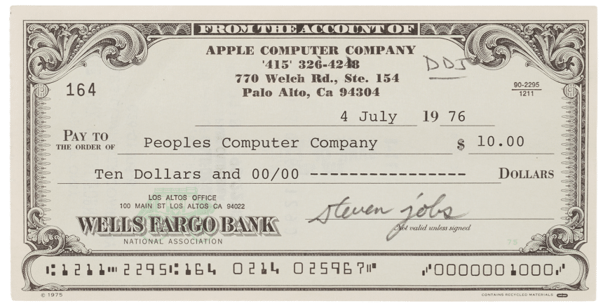 Steve Jobs-signed Apple Computer Company check dated July 4, 1976.