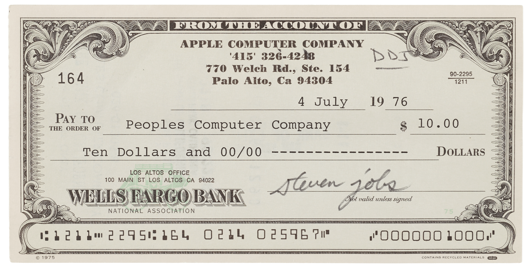 Steve Jobs-signed Apple Computer Company check dated July 4, 1976.