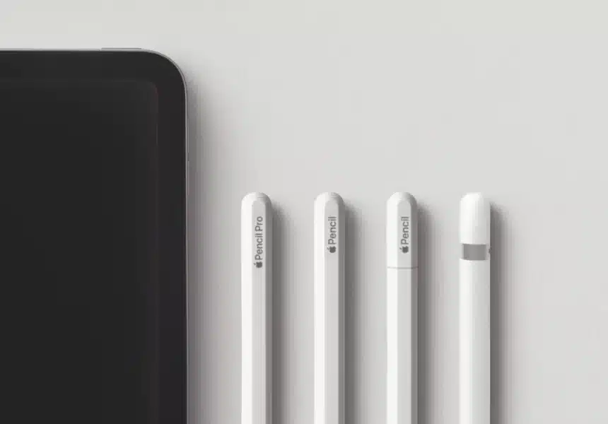 Apple Pencil models displayed beside the edge of an iPad.