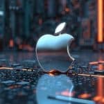 Apple logo on a futuristic circuit board with glowing lights in the background.