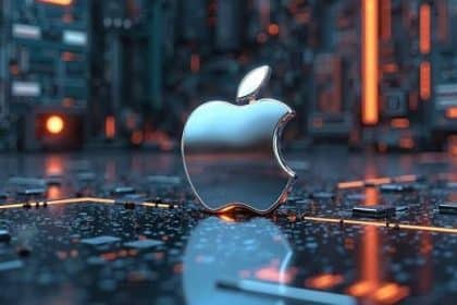 Apple logo on a futuristic circuit board with glowing lights in the background.