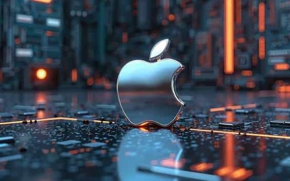 Apple logo on a futuristic circuit board with glowing lights in the background.