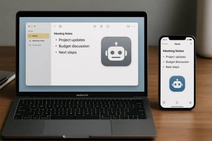 MacBook and iPhone displaying top AI meeting note taker apps for Apple users
