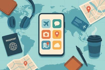 Smartphone displaying top travel and productivity apps for global exploration and success