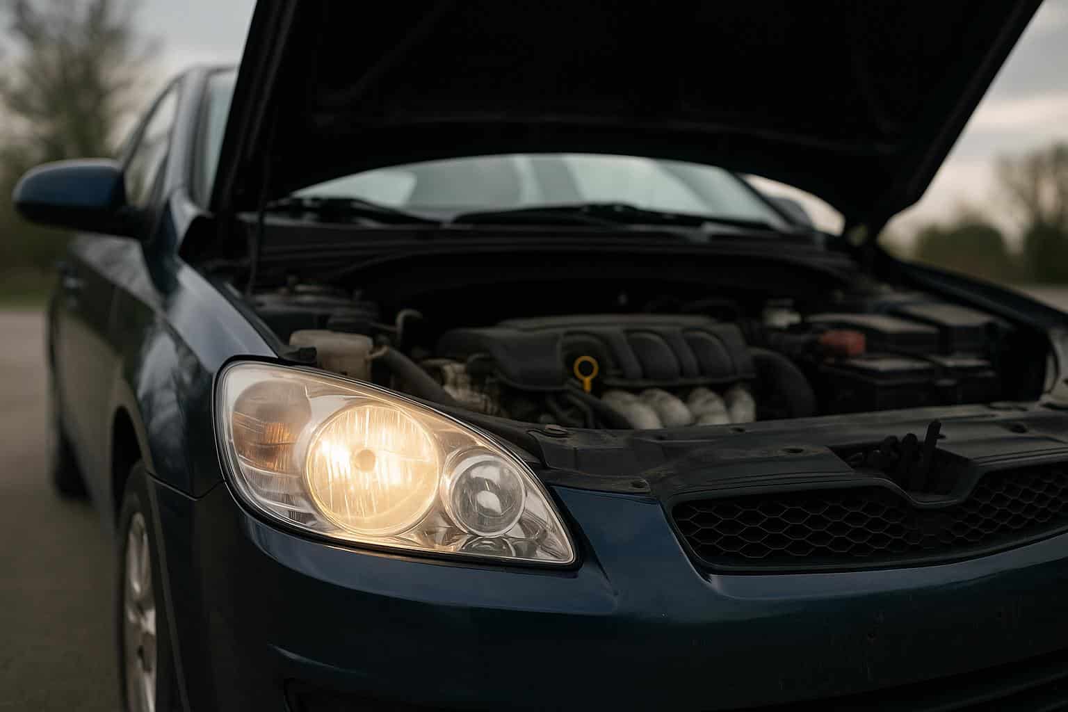 Car dashboard warning lights and open hood indicating need for vehicle maintenance and repair