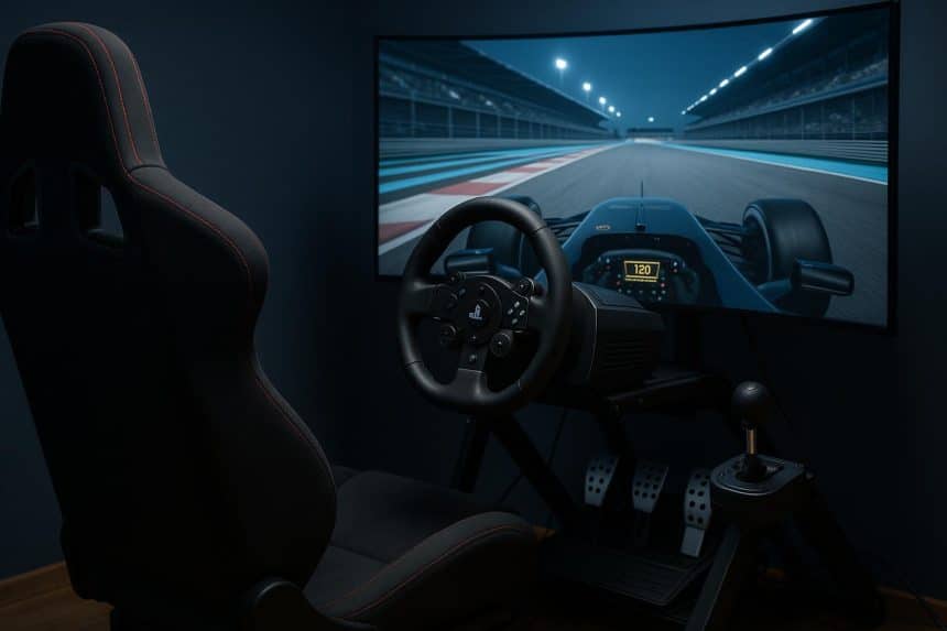 High-end racing sim setup with steering wheel, pedals, and triple monitors for immersion