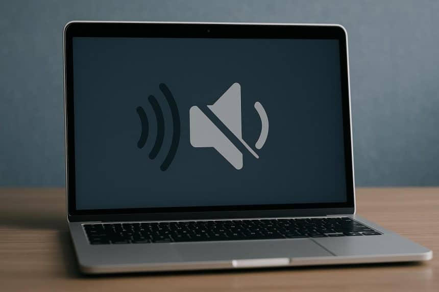 Mac computer with muted audio symbol highlighting sound issue after latest macOS update
