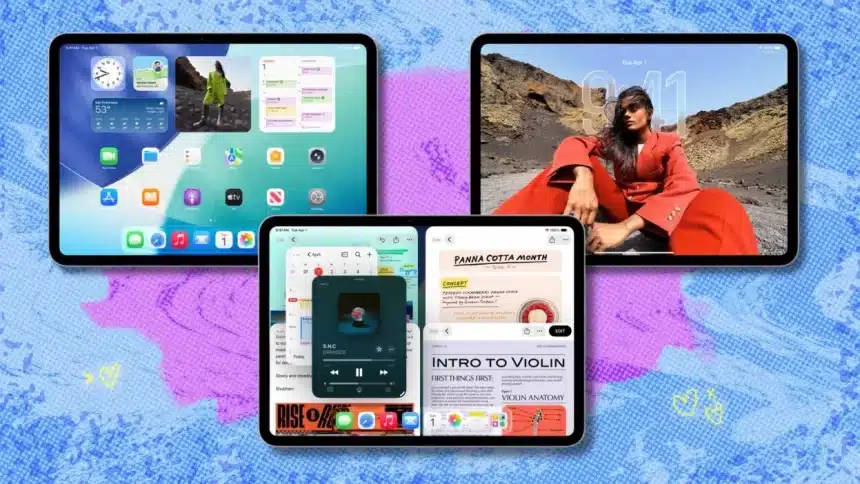 Three iPads displaying iPadOS 26.6 features and apps on their screens.