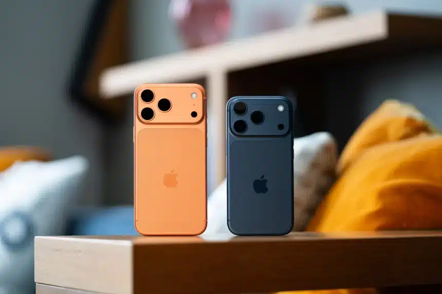 Two iPhone 17 Pro Max models in orange and blue standing on a table.