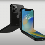 Concept image of a foldable iPhone partially opened in two positions.