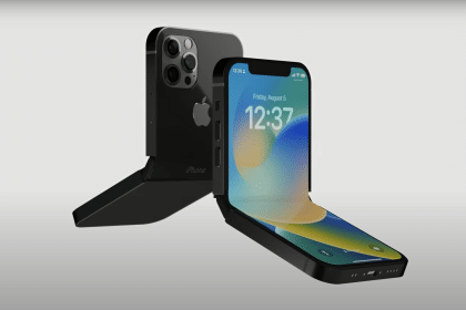 Concept image of a foldable iPhone partially opened in two positions.