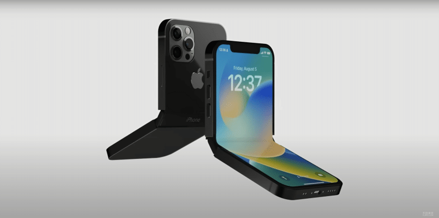 Concept image of a foldable iPhone partially opened in two positions.