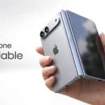 Concept image of a foldable iPhone held in a person's hand.