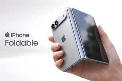 Concept image of a foldable iPhone held in a person's hand.