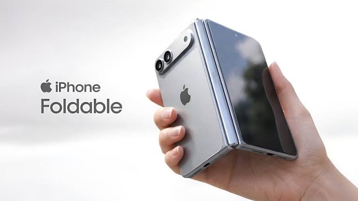 Concept image of a foldable iPhone held in a person's hand.