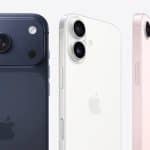 Three iPhone models shown from the back and side in different colours.