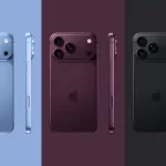 Three iPhone 18 Pro models in blue, purple, and black finishes.