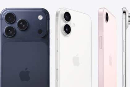 Three iPhone models shown from the back and side in different colours.