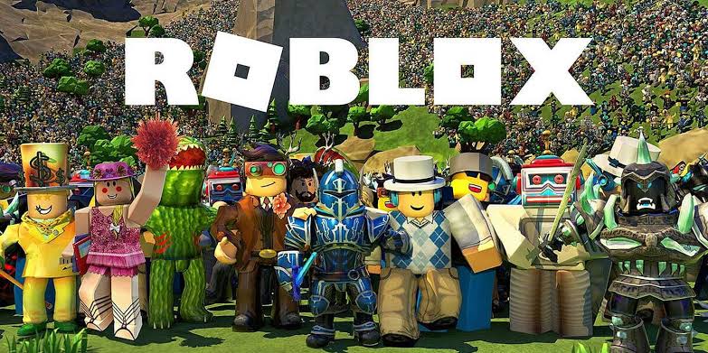 Roblox characters standing together beneath the Roblox logo.