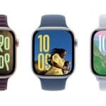 Three Apple Watches displaying different watch faces and colourful bands.
