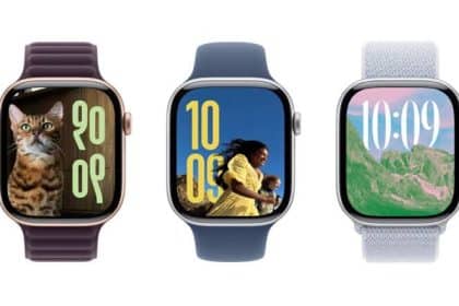 Three Apple Watches displaying different watch faces and colourful bands.