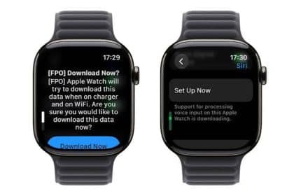 Two Apple Watches displaying Siri AI setup screens in watchOS 27 beta 3.