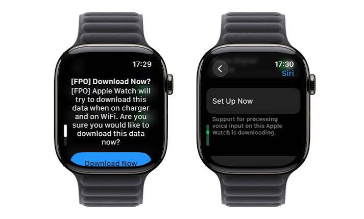 Two Apple Watches displaying Siri AI setup screens in watchOS 27 beta 3.