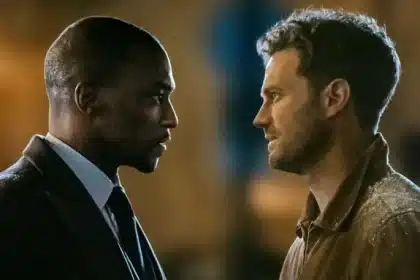 Two men face each other in a tense scene.
