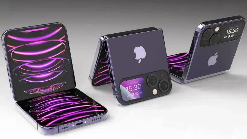 Concept render of Apple's foldable iPhone in multiple folding positions.