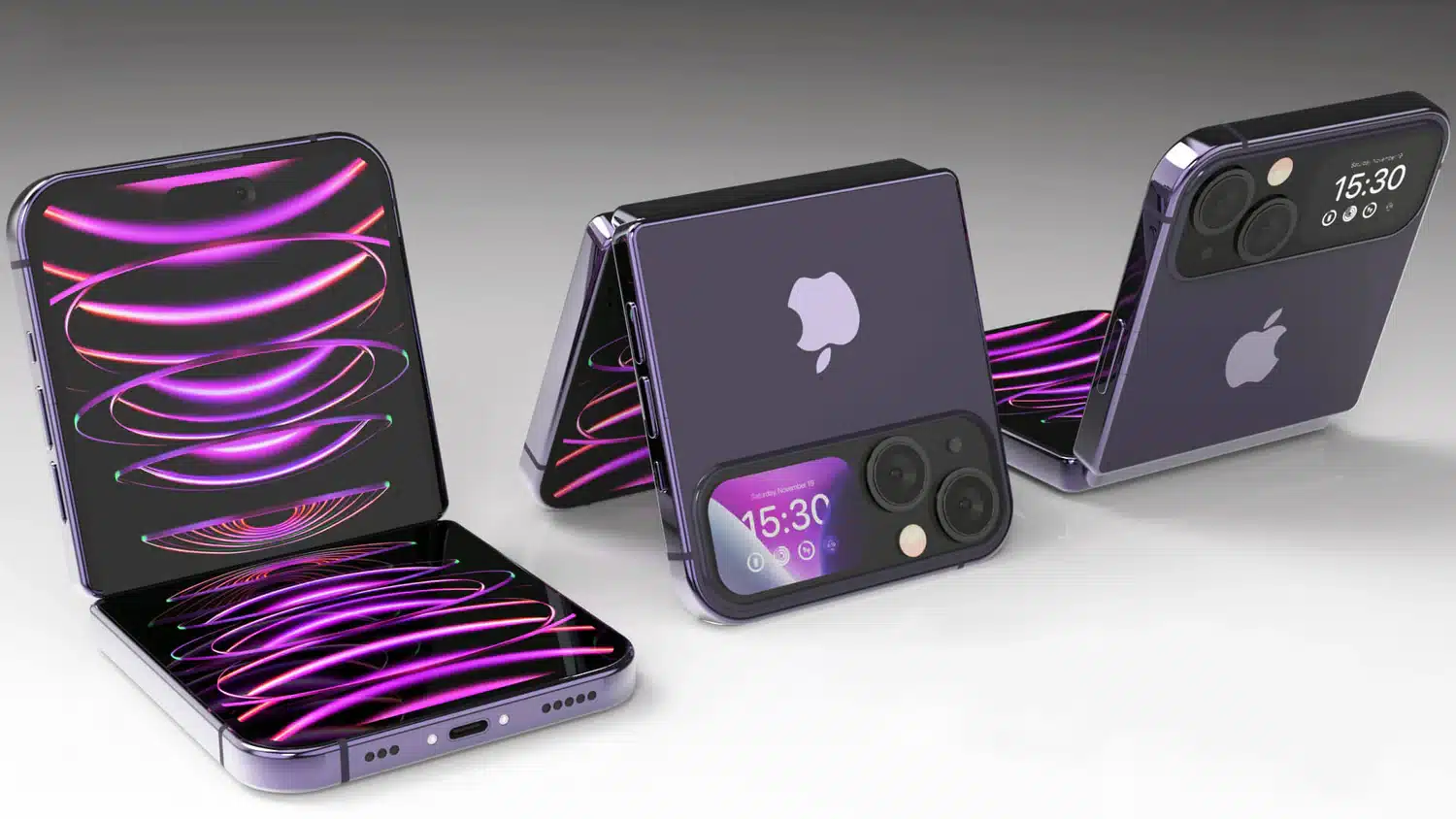 Concept render of Apple's foldable iPhone in multiple folding positions.