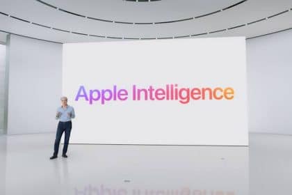Apple Intelligence presentation displayed on a large screen.