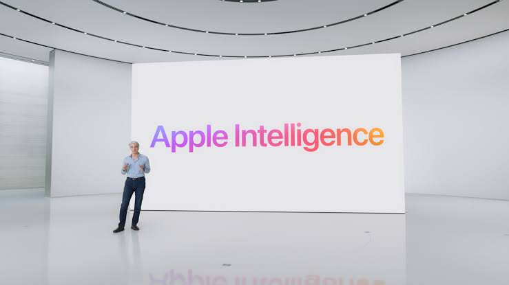 Apple Intelligence presentation displayed on a large screen.