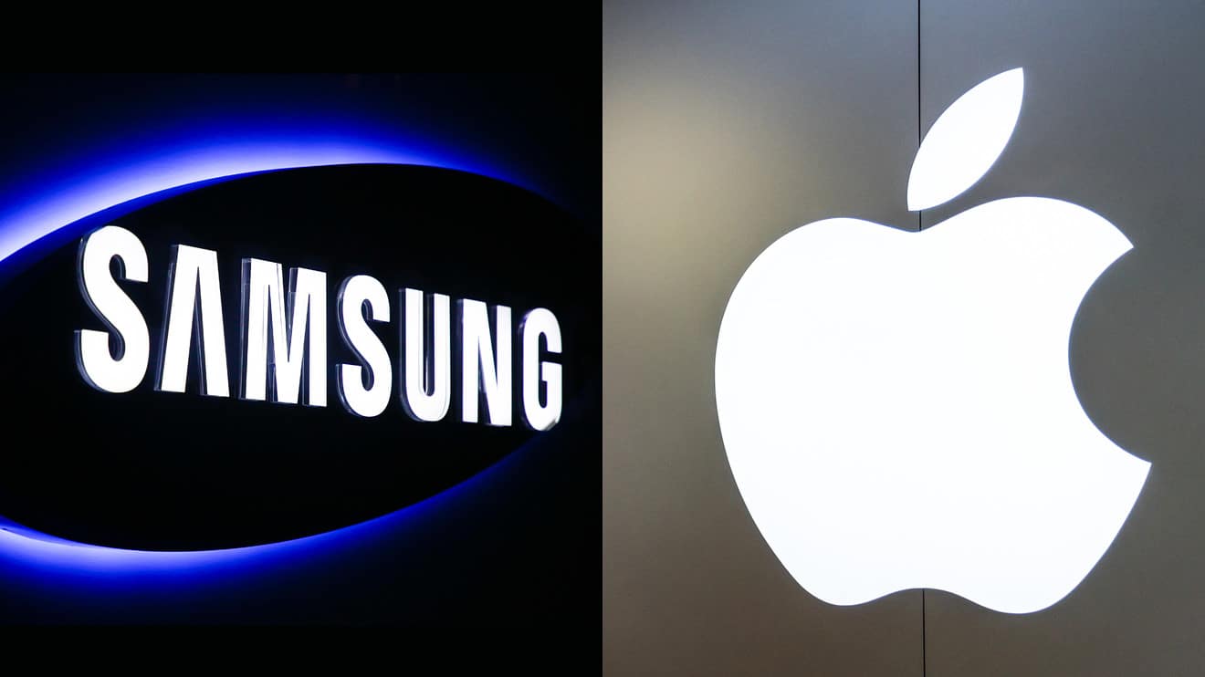 Samsung and Apple logos displayed side by side.