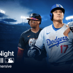 Apple TV Friday Night Baseball promotional image featuring MLB players in a stadium.