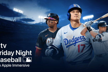 Apple TV Friday Night Baseball promotional image featuring MLB players in a stadium.