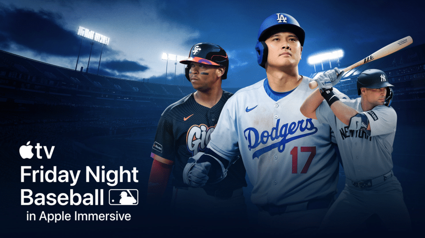 Apple TV Friday Night Baseball promotional image featuring MLB players in a stadium.
