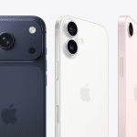 Three Apple iPhones in blue, white, and pink with front and side views.